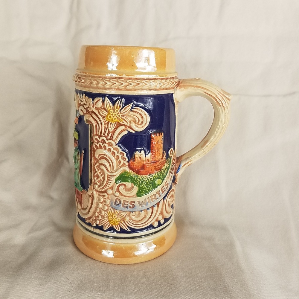 Vintage German Style Relief Beer Stein Cobalt Blue Tavern Scene 6.25 In NWOT